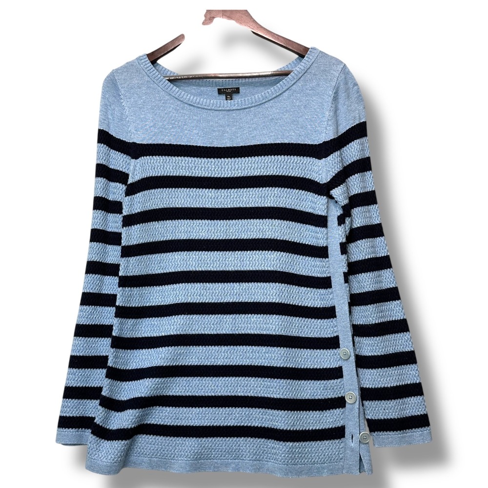 Talbots Petites Med P Blue Black Striped Button Detail‎ Sweater Preppy Nautical